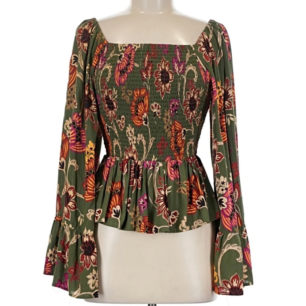 Angie Olive Floral Smocked Peasant Top with Flutter Sleeves